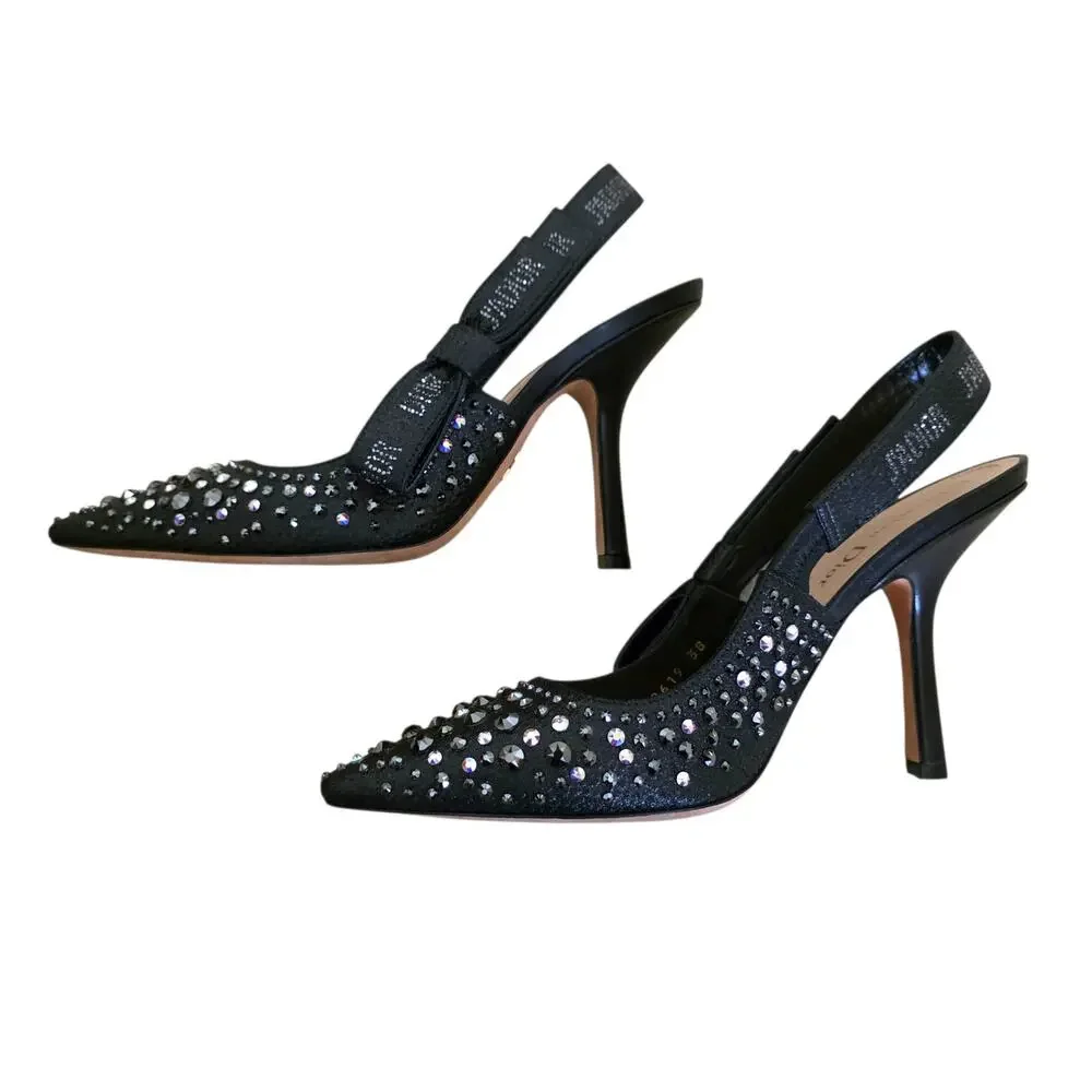 Christian Dior Slingback Black Leather Jadior High Heels Pointed Toe IT 38 8